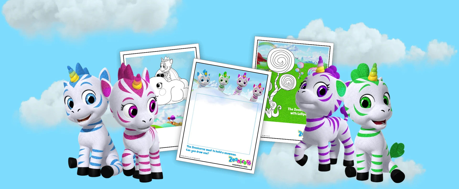 Zoonicorn characters holding coloring sheets