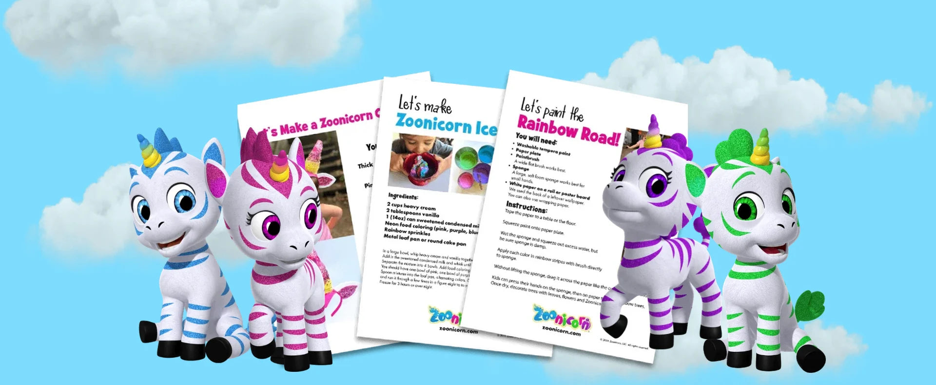 Zoonicorn characters holding craft sheets