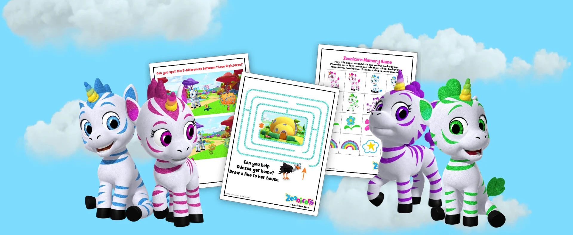 Zoonicorn characters with activity sheets
